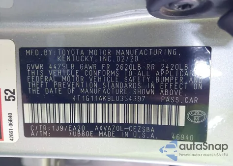 2020 Toyota Camry Se z USA, uszkodzony, nr VIN 4T1G11AK9LU354397